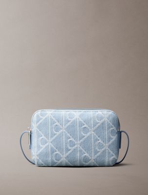 blue denim allover emblem logo camera bag for women calvin klein