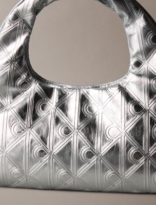 silver metallic puffer emblem logo metallic mini bag for women calvin klein