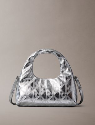 grey puffer emblem logo metallic mini bag for women calvin klein