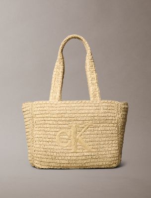 beige hand braided raffia tote bag for women calvin klein