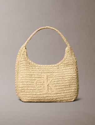 beige large hand braided raffia shoulder bag for women calvin klein