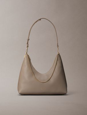 beige pebbled jewellery chain hobo bag for women calvin klein
