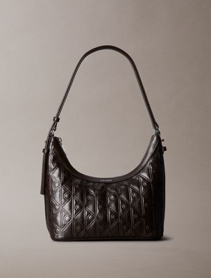 brown debossed allover emblem logo small shoulder bag for women calvin klein