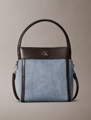 blue denim monogram logo bucket bag for women calvin klein