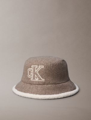 brown reversible teddy and felt bucket hat for women calvin klein