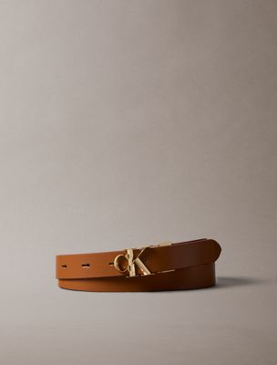 brown reversible pebbled leather logo belt for women calvin klein