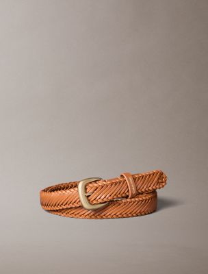brown braided leather chunky buckle belt for women calvin klein