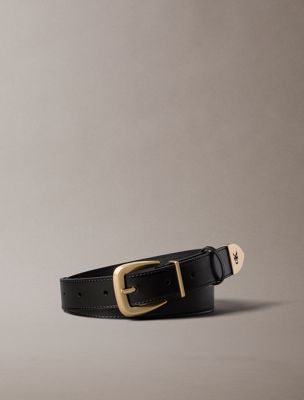 black full-grain leather tapered monogram belt for women calvin klein