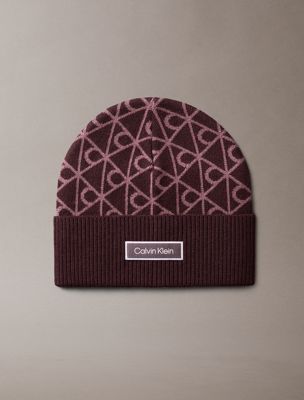 brown allover emblem logo wool beanie for women calvin klein