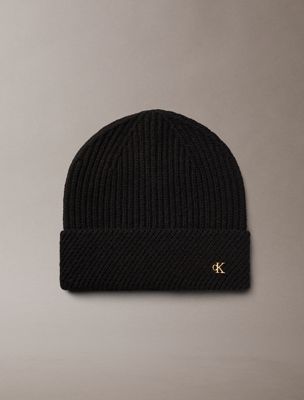 black wool blend monogram beanie for women calvin klein