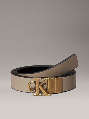 na black / crockery / tumbled gold reversible leather logo belt for women calvin klein jeans