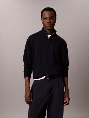 blue pullover aus merinowolle mit 1/4-reißverschluss für herren - calvin klein