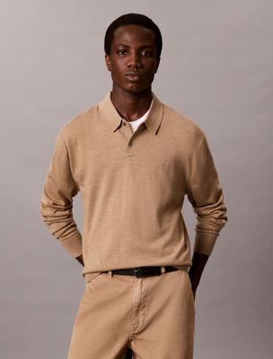 brown merino wool polo jumper for men calvin klein