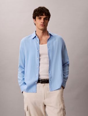 blue solid linen blend classic shirt for men calvin klein