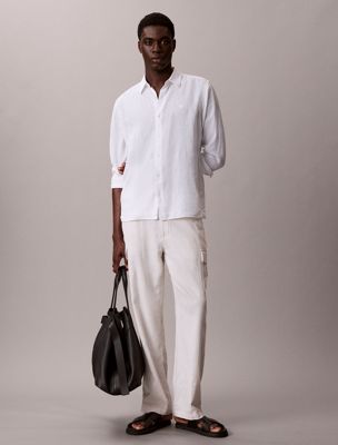 white linen blend shirt for men calvin klein