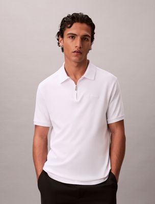 white slim zip neck polo shirt for men calvin klein