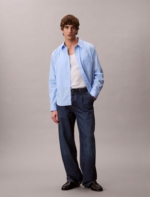 blue cotton poplin striped shirt for men calvin klein