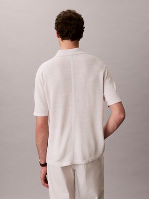 white sand linen blend open collar polo shirt for men calvin klein