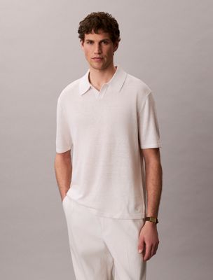 polo de mezcla de lino con cuello abierto beige de hombres calvin klein