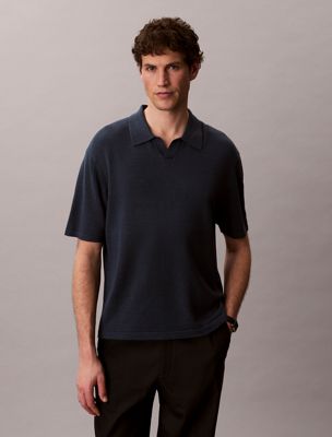 polo de mezcla de lino con cuello abierto blue de hombres calvin klein
