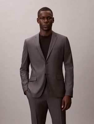 grey slim wool textured blazer for men calvin klein