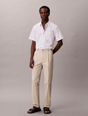 beige straight cotton sateen chino trousers for men calvin klein