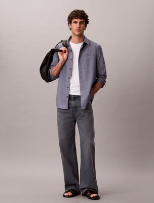 blue cotton poplin classic button-down shirt for men calvin klein