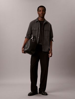 grey melange flannel button-down shirt for men calvin klein