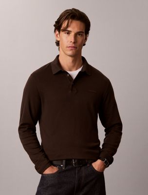 brown schmales, langärmliges poloshirt aus supima-baumwolle für herren - calvin klein