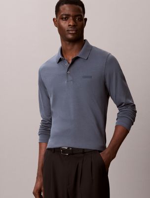 polo slim à manches longues en coton blue pour hommes calvin klein