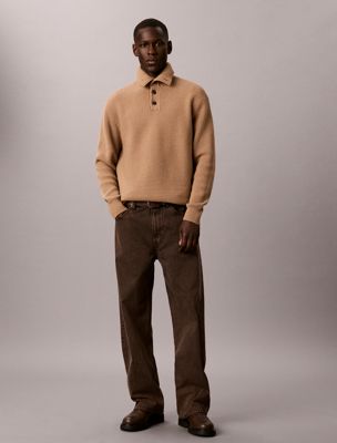 brown wool cotton button collar jumper for men calvin klein