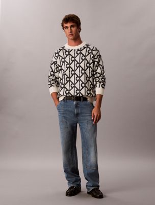 beige jacquard trui met logo van wolmix voor heren - calvin klein
