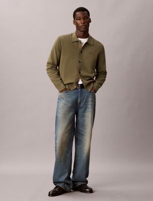green soft knit polo collar cardigan for men calvin klein