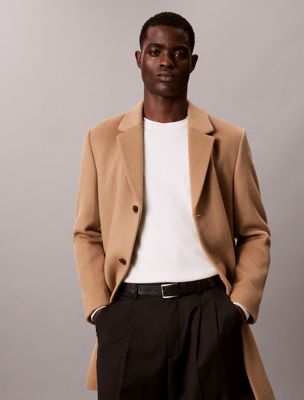 brown wool blend overcoat for men calvin klein