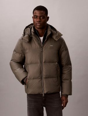 grey hooded puffer jacket for men calvin klein