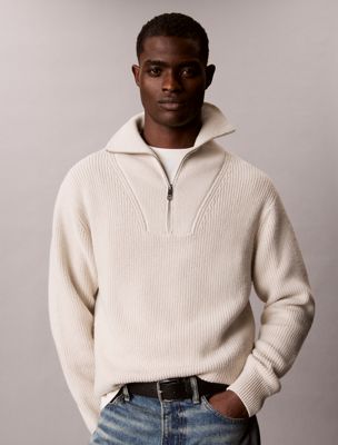 beige cotton wool quarter zip jumper for men calvin klein