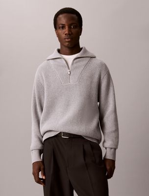 grey cotton wool quarter zip jumper for men calvin klein