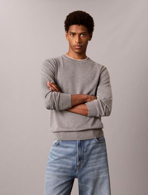 grey supima cotton double collar jumper for men calvin klein