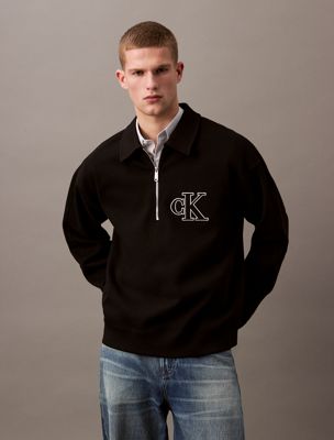 black double rib logo zip polo shirt for men calvin klein jeans