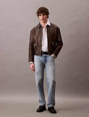 dusty umber leather cropped biker jacket for men calvin klein