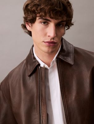 dusty umber leather cropped biker jacket for men calvin klein