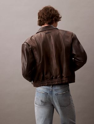 dusty umber leather cropped biker jacket for men calvin klein