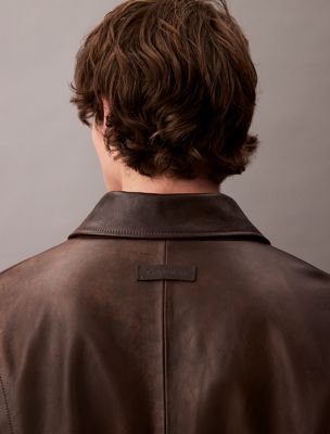 dusty umber leather cropped biker jacket for men calvin klein