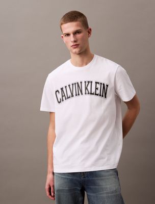 brilliant white varsity logo crewneck tee for men calvin klein jeans