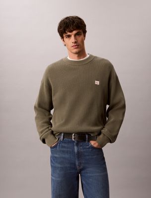 beige cotton waffle knit jumper for men calvin klein jeans