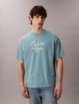 smoke blue relaxed t-shirt met grafisch scriptlogo voor heren - 