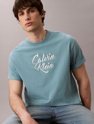 smoke blue relaxed t-shirt met grafisch scriptlogo voor heren - 