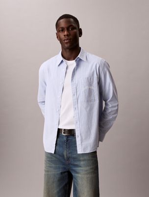 blue gestreiftes, lässiges button-down-hemd für herren - 