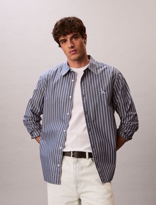 blue relaxed cotton poplin stripe shirt for men calvin klein jeans