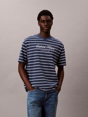 blue swobodny t-shirt z bawełny w paski dla mężczyźni - calvin klein jeans